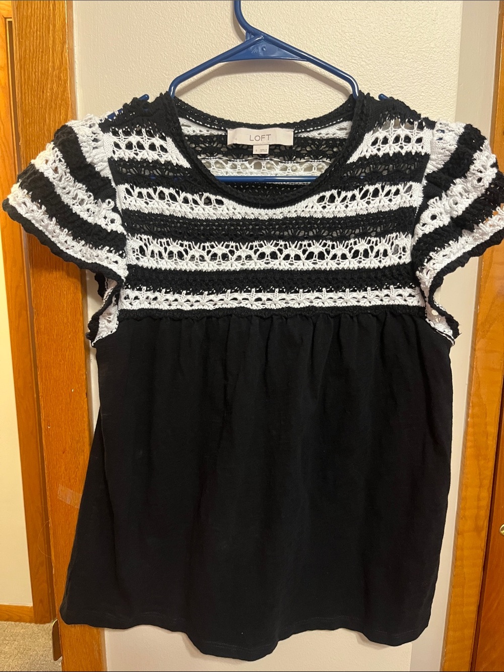 LOFT Black & White Crochet Yoke Short Sleeve Blouse